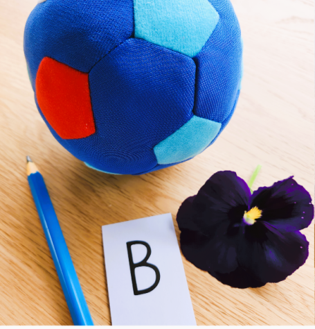 Bild eines Balls, eines Bleistifts und einer Blüte mit dem Buchstaben B.