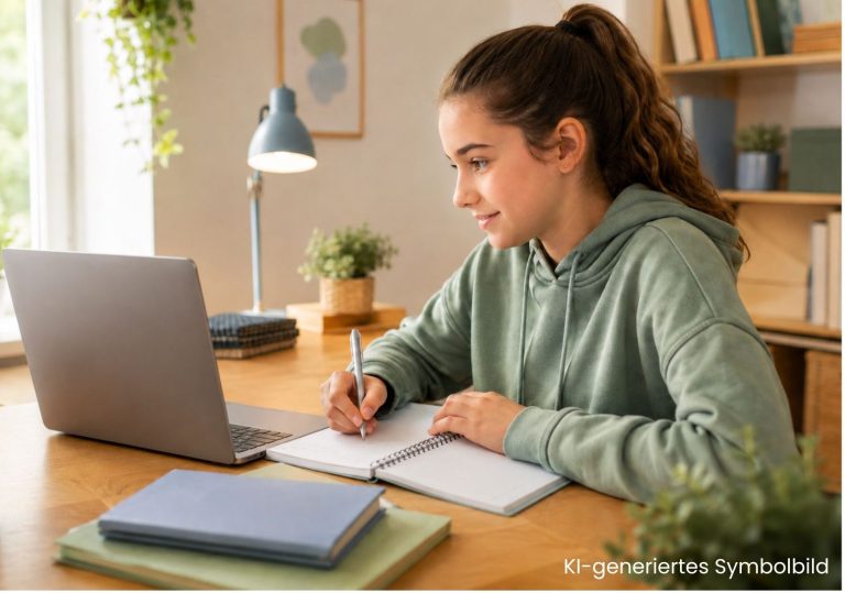 KI-generierte Darstellung eines Mädchens bei einer Online-Lernstunde am Laptop.