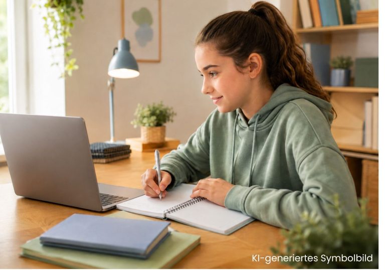 KI-generierte Darstellung eines Mädchens bei einer Online-Lernstunde am Laptop.