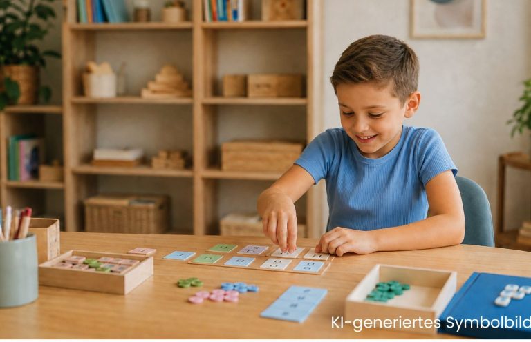 KI-generierte Darstellung eines Jungen beim konzentrierten Arbeiten mit spielerischem Lernmaterial.