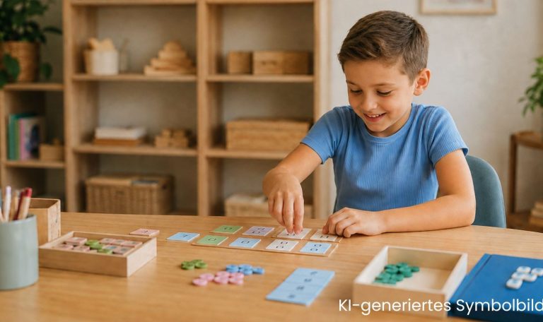 KI-generierte Darstellung eines Jungen beim konzentrierten Arbeiten mit spielerischem Lernmaterial.